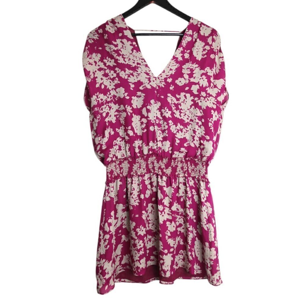 Ramy Brook Silk Blouson Shift Mini Dress Smocked Waist V-Neck Floral Fuchsia